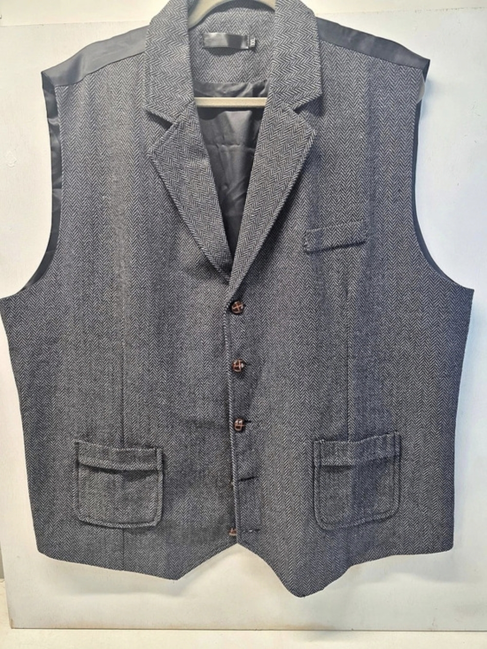WHATLEES Men’s XXL Gray Black Herringbone Tweed Vest Waistcoat Satin Back